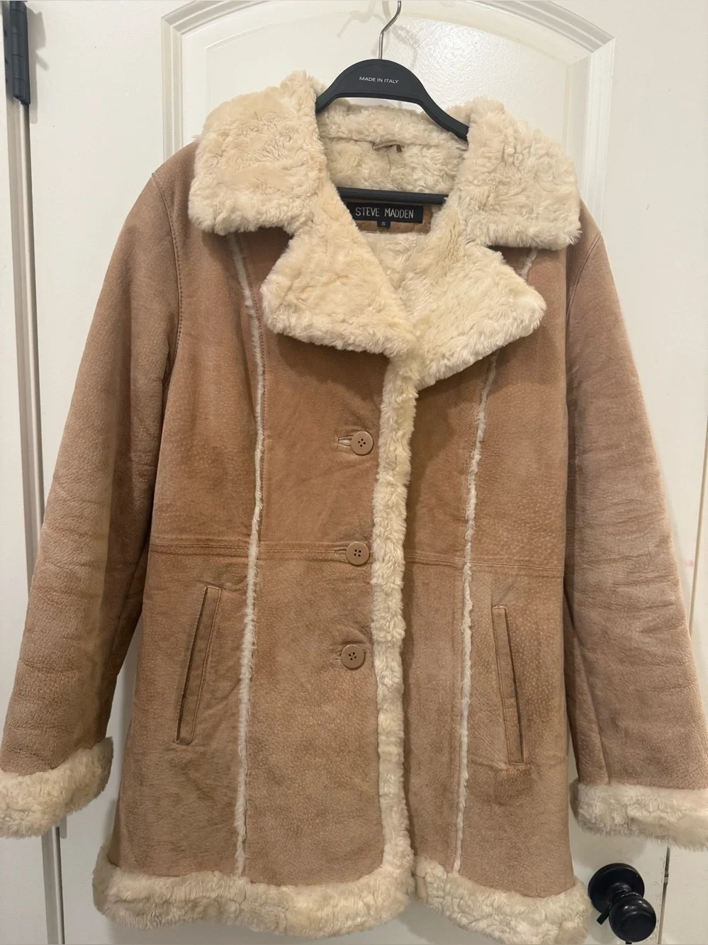 Vintage Steve Madden Genuine Leather Shearling Coat Tan Small